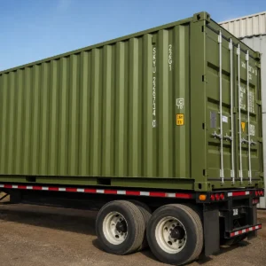 Green 20ft steel shipping container on a trailer, suitable for secure storage, transport, shipping, construction sites, farm storage, and commercial applications.